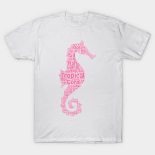 Big Pink Seahorse Shape Word Cloud Art T-Shirt